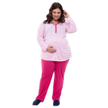 Imagem de Pijama Plus Size Linda Gestante Inverno Maternidade Rosa Corações