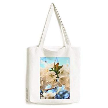 Imagem de Bolsa de lona com flores brancas linda rosa bolsa de compras bolsa casual