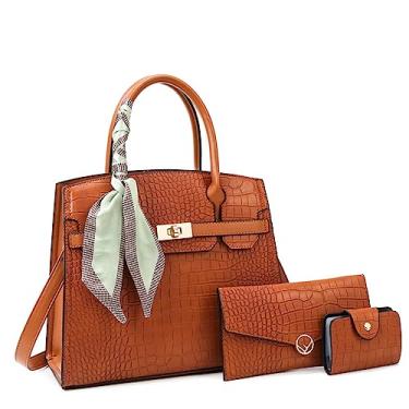 Imagem de Bolsa feminina de couro com alça superior com estampa de crocodilo bolsa feminina com bolsa de mão com embreagem conjunto de 3 peças, Marrom