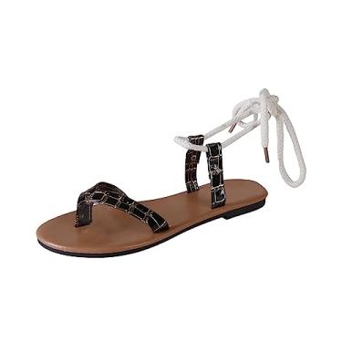 Imagem de Sandálias de praia femininas vazadas casuais sandálias rasteiras retrô sandálias plataforma de pele de cobra para mulheres, Preto, 6.5
