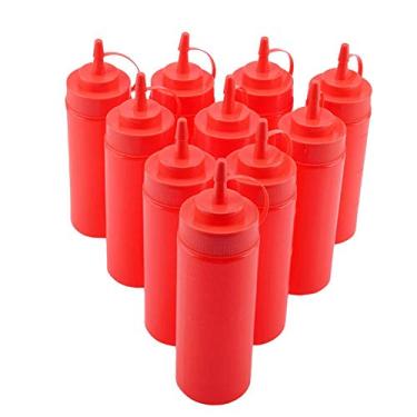Imagem de Garrafas de espremer molho, 340 ml 10 pçs/conjunto Recipiente de condimento recarregável Dispensador de condimento para molho de óleo creme de vinagre (vermelho)
