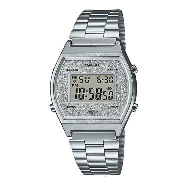 Imagem de Relógio de Pulso Casio Feminino Digital Fashion Prova Dágua Moderno Vintage Glitter Quadrado Pulseira Aço Inox Pequeno Casual Prata B640WDG-7DF