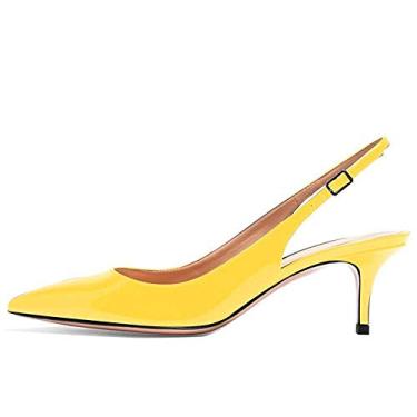 Imagem de Fericzot Sapatos femininos de salto gatinho salto fino bico fino sandália tira no tornozelo festa noite casamento stiletto sapatos, Amarelo-envernizado, 8.5
