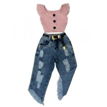 Imagem de Conjunto Infantil Blogueirinha Cropped Calça Jeans Moda Luxo - Ak Fash