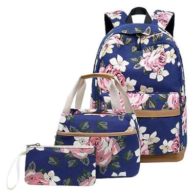 Imagem de Mochila infantil com rodas floral mochila escolar com porta de carregamento USB 3 peças lancheira, Azul, One Size, Mochilas