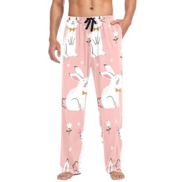 Imagem de KLL Bonito coelho branco flor rosa calça de pijama masculina calça solta de algodão com bolsos calça pijama com cordão, Flor rosa coelho branco fofo, G