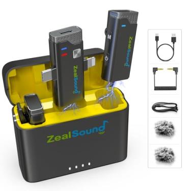Imagem de ZealSound Microfone de lapela sem fio V7 Pro para iPhone, iPad e Android, pacote com 2 microfones de lapela para gravação de vídeo, vlogging, cancelamento de ruído, bateria de 15 horas, alcance de