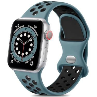 Imagem de Pulseira esportiva de silicone Lerobo compatível com Apple Watch 9, 8, 7, 6, 5, 4, 3, 2, 1, SE, Ultra e Ultra 2 de 49 mm, 45 mm, 44 mm, 42 mm, 41 mm, 40 mm e 38 mm, macia, unissex, azul-ardósia/preta