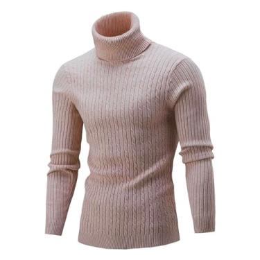 Imagem de Jueshanzj Suéter masculino pulôver de malha outono e inverno gola alta cor torcida camisola de baixo, Café, GG