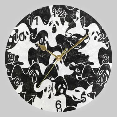 Imagem de CHIFIGNO Relógio de parede de Halloween preto e branco espectro assustador círculo, relógios de parede exclusivos operado por bateria Relógios de parede silenciosos escola casa