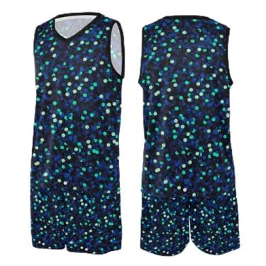 Imagem de CHIFIGNO Camiseta de treino de basquete com escamas de sereia azul-petróleo, camiseta de basquete juvenil PP-3GG, Azul noturno com glitter azul-marinho, G