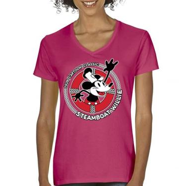 Imagem de Camiseta feminina Steamboat Willie Life Preserver gola V engraçada clássica desenho animado praia Vibe Mouse in a Lifebuoy Silly Retro Tee, Rosa choque, P