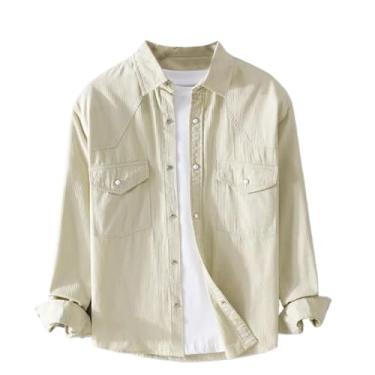 Imagem de Camisetas masculinas de veludo cotelê primavera outono sólido algodão diário casual manga longa bolsos camisa simples, Cor creme, PP