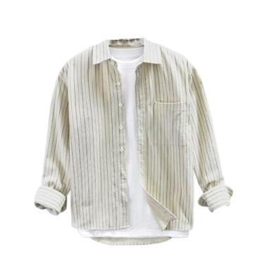 Imagem de Camisa listrada de veludo cotelê primavera masculina casual algodão quatro estações roupas masculinas soltas, Branco cremoso., P
