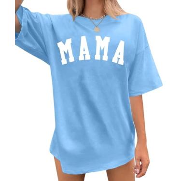 Imagem de Camiseta Mamãe Feminina: Camisetas Grandes Mamãe Modernas Camisetas Soltas Casuais de Verão Estampa de Letras Tops de Manga Curta, Azul-claro, M