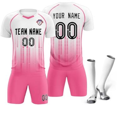 Imagem de Camisa de futebol personalizada uniforme de treino de futebol impresso logotipo com número de nome para crianças adultas, Branco, rosa e preto-54, One Size