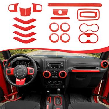 Imagem de CheroCar Kit de acabamento interno 18 peças para Jeep Wrangler JK JKU 2011-2018 4 portas, capa de volante, capa de suporte de copo de acabamento de ventilação de ar condicionado, moldura de botões de mudança de marcha, vermelho..