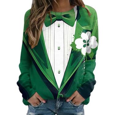 Imagem de Camisetas femininas St Patricks Day manga longa verde Lucky Irish Shamrock 2024 tops gola redonda, Café, GG