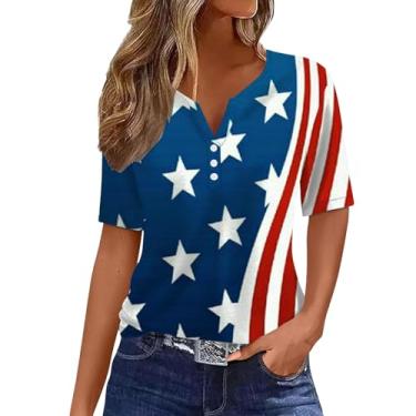 Imagem de Camiseta feminina Summer Dependence Day Henley com bandeira dos EUA, mangas curtas, casual, roupas de 4 de julho, Azul - B, XXG