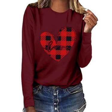Imagem de Moletom feminino com estampa de coração, estampa de amor, camiseta solta de manga comprida para namorada, Vinho, 3G