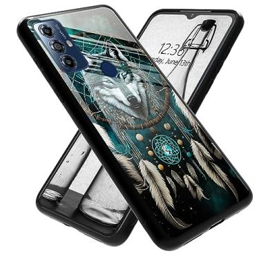 Imagem de RAUEDWDJS Capa para celular Motorola Moto G Play 2023, parte traseira de vidro temperado + silicone macio TPU antiarranhões capa protetora à prova de choque para Moto G Play 2023, lobo apanhador de