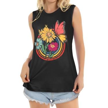 Imagem de JOELLYUS Camiseta regata feminina casual de verão com gola redonda sem mangas, caimento solto, túnica básica, Flores de arco-íris, XXG