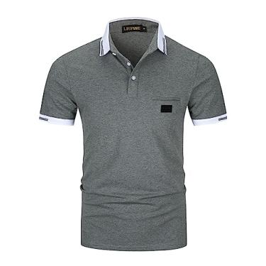 Imagem de LIUPMWE Camisas polo masculinas com bolso elegante xadrez manga curta algodão camiseta de golfe, Yt39 Cinza, XXG