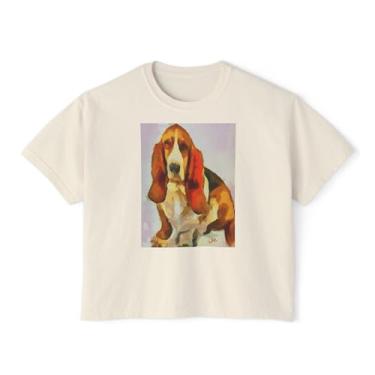 Imagem de Camiseta feminina quadrada grande Basset Hound, Marfim, Small Plus