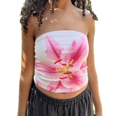 Imagem de Y2k Blusa feminina listrada vintage floral sem alças cropped verão saindo colete bandeau estética, Flor fofa, M