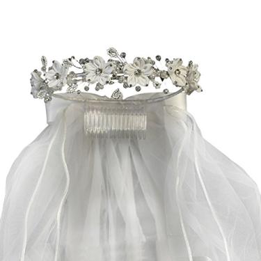 Imagem de Chapéu feminino branco cetim flor strass brilhante 61 cm véu de comunhão