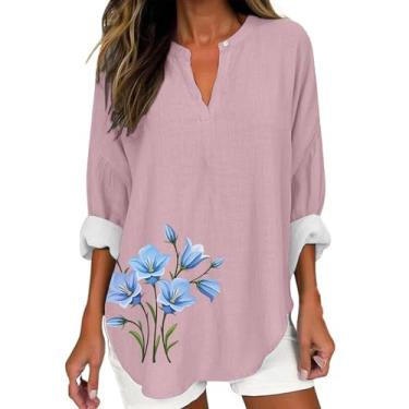 Imagem de Camiseta de linho para mulheres, estampa floral, manga comprida, gola V, camiseta grande, roupas casuais elegantes, rosa, 3G