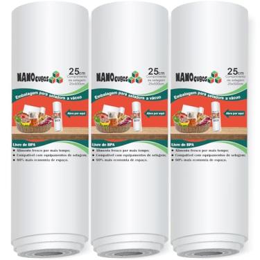 Imagem de 3 Rolos Nanocubos 25x500 transparentes, Embalagens, Sacos com Ranhura para Seladora A Vácuo