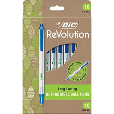 Imagem de BIC® Canetas esferográficas retráteis Revolution Clic Stic, ponta média, 1,0 mm, 62% recicladas, barril semitransparente, tinta azul, pacote com 10 canetas