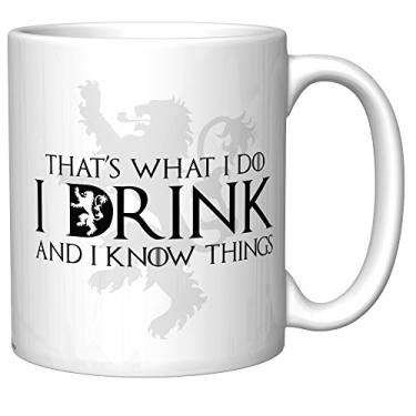 Imagem de Caneca de café Tyrion Lannister (Game of Thrones) That's What I Do, I Drink and I Know Things com o símbolo da família de leões Lannister