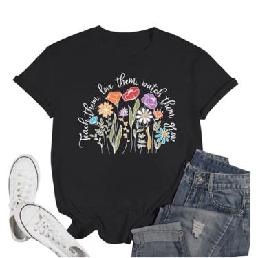 Imagem de Werbavi Camisetas femininas de professor Teach Them Love Them Watch Them Grow Camiseta com estampa de flores silvestres de algodão floral, Preto, P