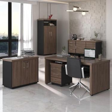 Imagem de Kit 5 Peças com Mesa para Escritório Diretor, Gaveteiro, Armário Alto, Armário Baixo e Balcão Charuto/Preto