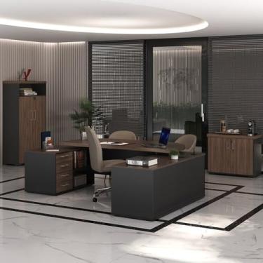 Imagem de Kit 3 Peças com Mesa para Escritório Presidente, Armário Multiuso Alto e Armário Baixo em Tamburato Charuto/Preto