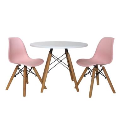Imagem de Kit Mesa e 2 Cadeiras Charles Eames Eiffel Infantil Rosa com Pés de Madeira Maciça, Móveis para Crianças, Design Ergonômico e Seguro, Ideal para Refeições e Estudos