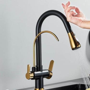 Imagem de Filtro de sensor de toque Torneira de cozinha de água de latão antigo Torneira misturadora de pulverizador com guindaste giratório de água pura para cozinha, preto e dourado