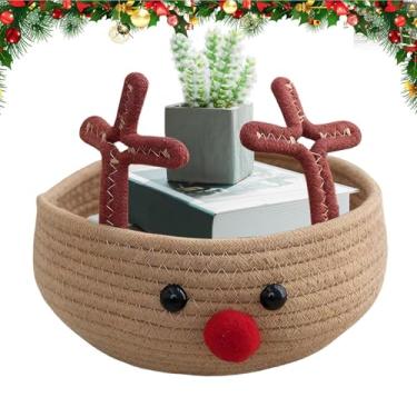 Imagem de Cesta de Natal, pequena caixa de armazenamento,Cesta redonda de corda de algodão tecido | Suprimentos para festas de Natal, organizador de armazenamento de cesta decorativa de férias para doces, fruta