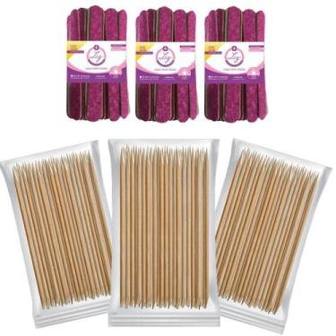 Imagem de 300 palito unha bambu ponta e chanfro + 300 mini lixa rosa - Liz Produ