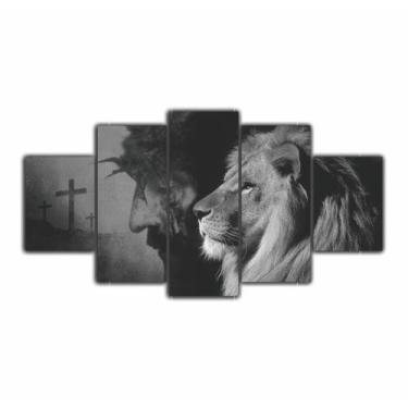 Imagem de Quadros Sala Leão Judá E Jesus + Cruz Religioso Preto/Branco - X4adesi