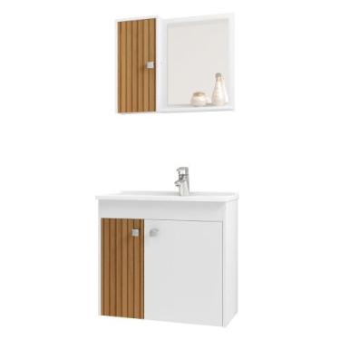Imagem de Kit Banheiro Gabinete 56cm Pia e Armário Com Espelho Munique Branco/Ri