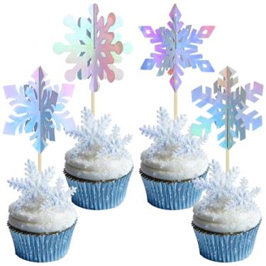 Imagem de Gyufise 24Pcs 3D Snowflake Cupcake Toppers Double Side Glitter Winter Frozen Cupcake Pick Decorations Winter Theme Party Christmas Baby Shower Birthday Wedding Decoration Supplies