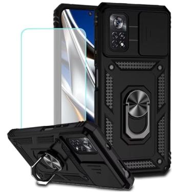 Imagem de Vokuha Capa para Xiaomi Poco X4 NFC com protetor de tela de vidro temperado e capa deslizante para câmera, anel giratório de 360°, capa magnética para Xiaomi Poco X4 NFC preta