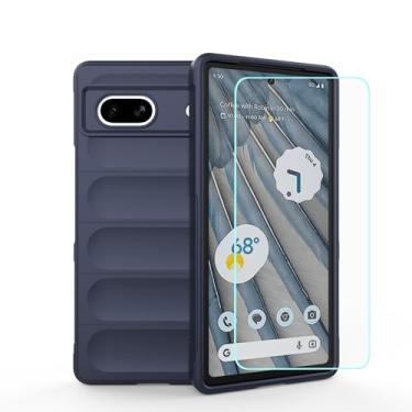 Imagem de JDYGWK Capa para Google 7A Pixel 7A com película de vidro temperado, design ondulado de TPU macio, forro de veludo, capa protetora para celular para Google Pixel 7A, azul