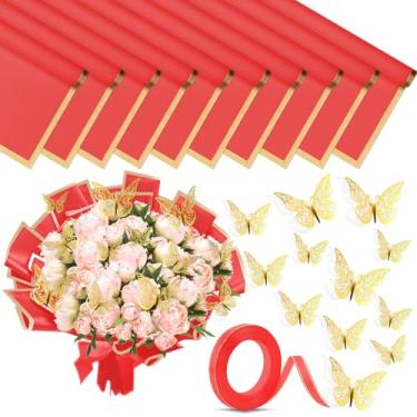 Imagem de Tetutor Papel de embrulho de flores impermeável, 20 folhas de papel de embrulho, buquê de papel de embrulho floral com fitas, borboletas 3D para florista, casamento, aniversário, vermelho