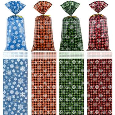 Imagem de SaktopDeco 100 peças de sacos coloridos de celofane de Natal para floco de neve, sacos de celofane para festa, sacos de plástico xadrez de floco de neve para embalagem de presente de festa