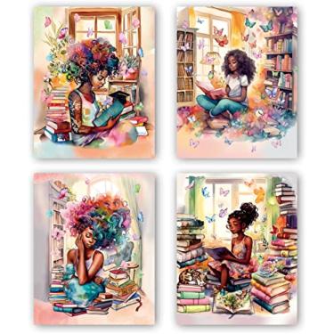 Imagem de Arte de parede de leitura de meninas negras para decoração estética de quarto, arte de parede inspiradora para meninas afro-americanas, decoração de parede de borboleta em aquarela, para decoração de