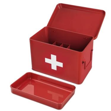 Imagem de Plexon Kit de primeiros socorros, caixa de armazenamento de medicamentos de metal de 21,6 cm com tampa, organizador de caixa de kit de primeiros socorros, vermelho